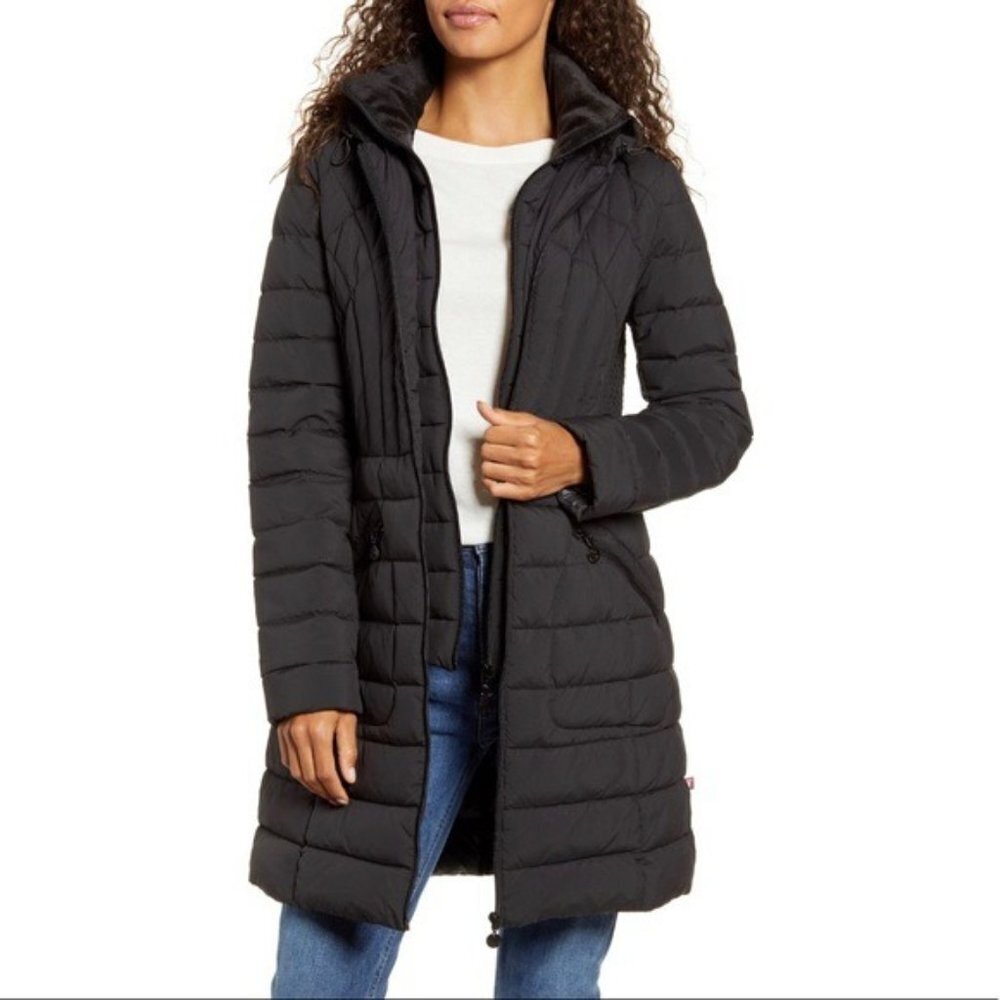 Bernardo Channel Quilted Fleece Lined Packable Hooded Puffer Jacket NWT XS Black
